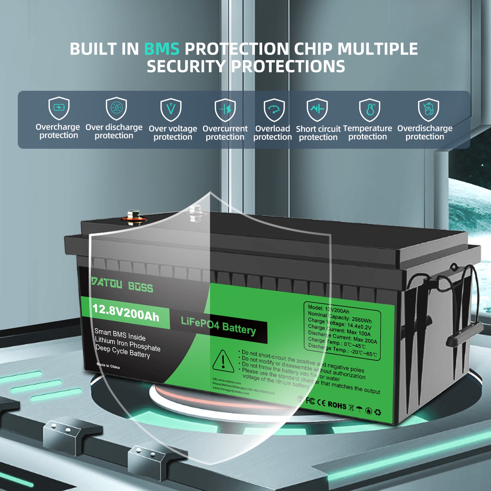 DATOUBOSS 12V 200Ah Lithium LiFePO4 Battery with 200A BMS Deep Cycle Battery for RV Car Solar Home System DIY