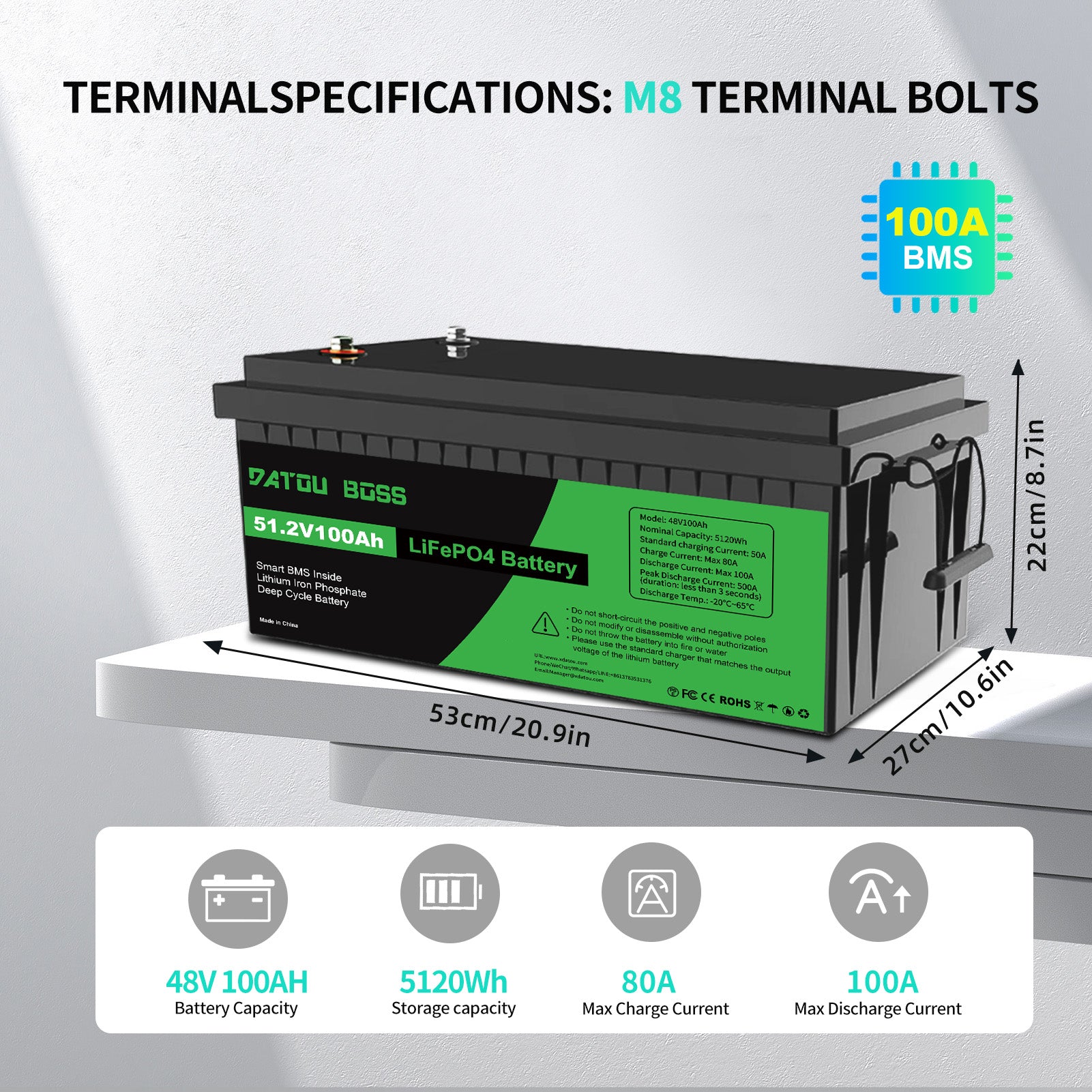 DATOUBOSS 51.2V 100Ah Lithium LiFePO4 Battery with 200A BMS Deep Cycle Battery for DIY RV Car Solar Home System