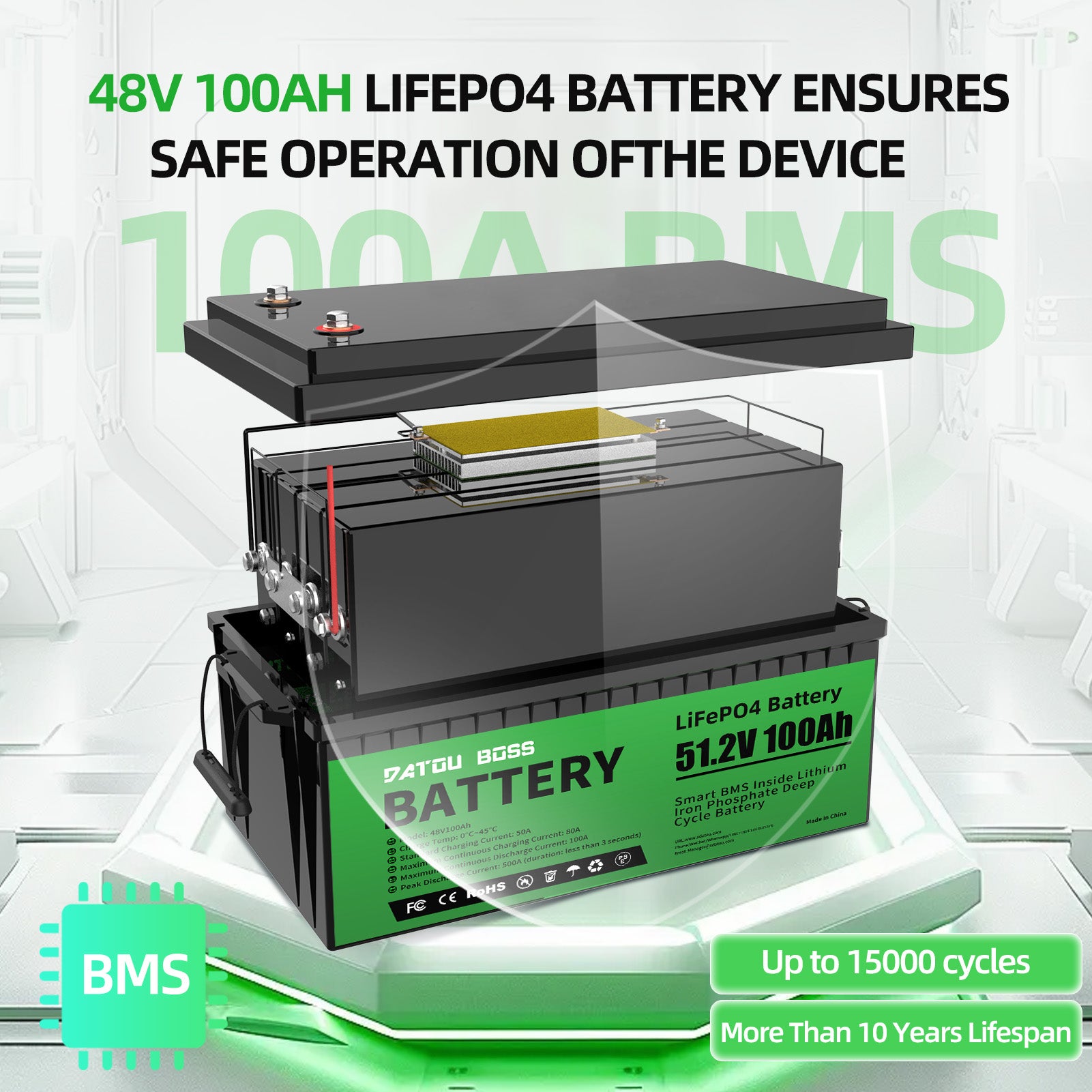 DATOUBOSS 51.2V 100Ah Lithium LiFePO4 Battery with 200A BMS  Deep Cycle Battery for DIY RV Car Solar Home System