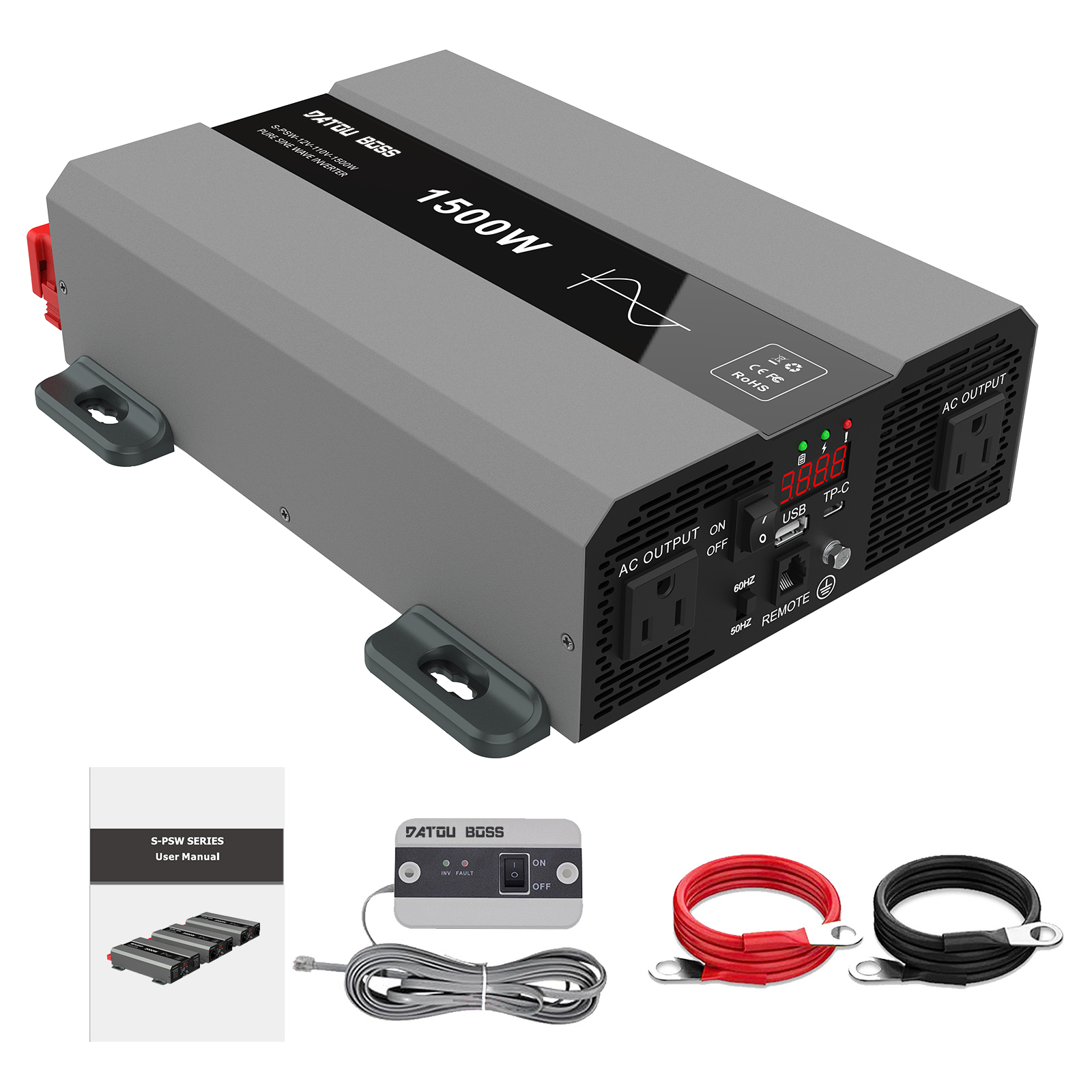 DATOUBOSS Pure Sine Wave Inverter 1500W Power 12V DC to 110V 120V AC Converter 3000W Peak Power Inverter with Dual AC Outlets USB Port Type-C Remote Control LCD Display for Truck RV Vehicles Solar