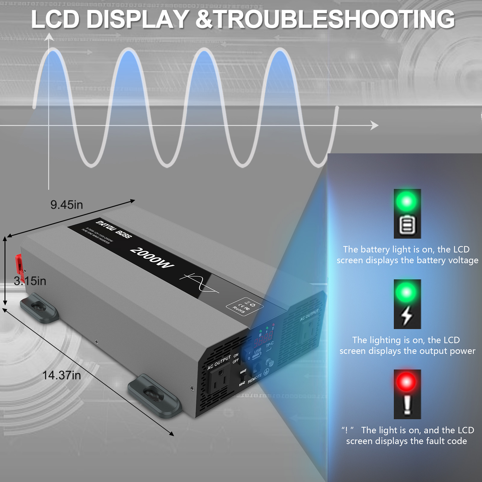 DATOUBOSS 2000W Pure Sine Wave Inverter, Car Power Inverter 12V to 110v 120V AC Converter for RV, Truck, Solar, OutdoorL, Home with Dual AC and 20A Socket, 5V 2.1A USB, PD, Peak Surge 4000W, Remote Controller
