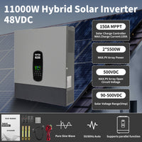DATOUBOSS 11KW 48V Hybrid Solar Inverter for on/off-grid use, supports battery-free operation. Features 150A MPPT charger and BMS protection for 48V batteries